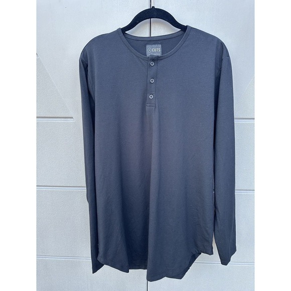 Cuts Men’s Black Elongated Hem henley T-shirt long sleeve Soft Jersey Large NEW - Picture 1 of 9